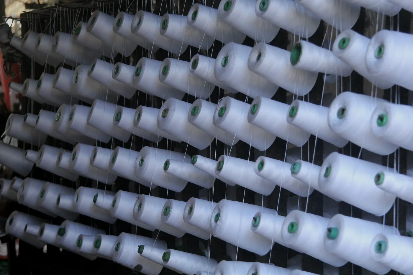 Rows of white yarn packages mounted on an industrial rack.